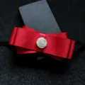 Elegant red satin bow tie for men with rhinestone center, ideal for formal wedding party wear. - 10-Red