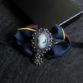 Vintage Cameo Bow Tie Brooch Dark Blue Fabric Ribbon Gentleman Formal Suit Accessory - 20