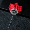 Red ribbon lapel pin men vintage suit crystal brooch decorative stick pin accessory. - Red