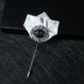 Mens vintage lapel pin suit brooch with white fabric bow and black crystal stone accessory - White