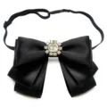 Black satin bow tie accessory for women shirt collar with sparkling crystal rhinestone center. - Bow Tie / Black