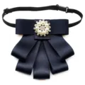 Navy blue fabric bow tie for women, professional collar pin with elegant pearl and rhinestone. - Collar Pattern / Dark Blue