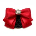 Red satin hair bow with rhinestone brooch and black net pocket for women professional wear. - Hair Flower / Red