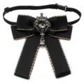 Elegant black ribbon bow tie with vintage crystal centerpiece and dangling pearl for women - Black