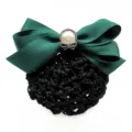 Women professional hair net bow dark green ribbon pearl hair clip for bank nurse uniform - Hair Flower / Dark Green
