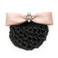 Pink satin bow hair net with crystal pearl centerpiece, professional bun cover accessory - Coarse Mesh / Khaki