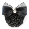 Elegant black bow hair net with floral pearl embellishment, perfect for professional daily wear. - 02-Black Coarse Mesh