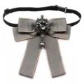 Grey ribbon bow tie collar flower for women shirt, vintage crystal and pearl pendant accessory. - Gray