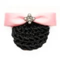 Professional hair net bun cover with pink satin bow and vintage crystal decoration for women. - Coarse Mesh / Pink
