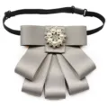 Women grey ribbon bow tie professional uniform necktie with pearl rhinestone embellishment - Collar Pattern / Gray