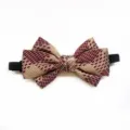 Close-up view of double layer woven bow tie featuring maroon gold grid pattern with elastic strap. - Gold Red Plaid