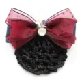 Elegant wine red polka dot organza hair bow with black mesh net and pearl clip for women. - Red Coarse Mesh