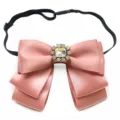 Pink satin bow tie with sparkling rhinestone center and adjustable black strap for women shirts. - Bow Tie / Lotus root pink