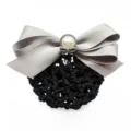 Professional hair net with gray ribbon bow and pearl decor, perfect for office and nurse uniform. - Hair Flower / Gray