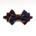 Close-up detail of children's striped bow tie with elastic band, elegant navy and burgundy. - Yellow Striped