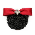 Elegant red ribbon hair bun cover with black net vintage crystal pearl hair accessory for women - Coarse Mesh / Red