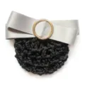 Professional black hair net bun cover with silver bow and gold ring for workplace styling - Silver Grey Coarse Mesh
