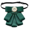 Dark green satin bow tie for women, elegant rhinestone pearl brooch collar accessory. - Bow Tie / Dark Green