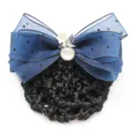 Blue polka dot mesh hair net bow clip with elegant metal flower and pearl decoration. - 04-Blue Coarse Net