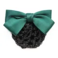 Dark green satin bow hair net bun cover professional work hair accessory elegant design. - Dark Green Coarse Mesh