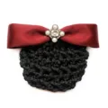 Elegant wine red satin bow hair net with vintage rhinestone pearl centerpiece for professional bun. - Coarse Mesh / Burgundy