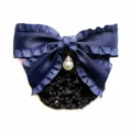 Navy blue hair net bow clip with elegant pearl pendant for professional workplace hair styling. - Dark Blue Coarse Mesh