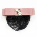 Professional pink bow hair net with elegant alloy flower and pearl decoration for workplace. - Pink Fine Mesh