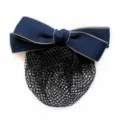 Navy blue hair bow with black mesh net, professional hair accessory for work and daily wear. - Fine Net Bow Hair Net / Blue
