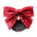 Red Bow Hair Net Clip with Pearl Pendant, Elegant Hair Accessory for Professional Workplace - Wine Red Fine Net