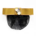 Mustard yellow bow hair net bun cover with elegant flower and bird ornament for professional work. - Ginger Fine Net