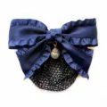 Navy blue satin bow hair net clip with delicate pearl pendant for professional workplace. - Dark Blue Fine Mesh