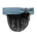 Blue corduroy hair bow clip with black mesh net and pearl rhinestone buckle for professional bun. - Sky Blue Fine Net
