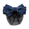 Dark blue bow hair net with gold trim, professional hair clip accessory for bank staff. - Dark Blue Fine Net