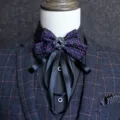 British style men's bow tie cravat with crystal brooch and ribbons for groom and stage - Small Triangle Plaid