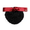 Black hair net with burgundy satin bowknot, professional bun cover for nurse and flight attendant. - Coarse Net / Red