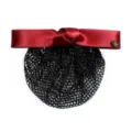 Professional hair net bun cover with burgundy satin bow and metal tag for work wear - Fine Mesh / Red