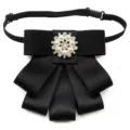 Elegant black ribbon bow tie collar flower with pearl rhinestone brooch for women uniform. - Bow Tie / Black