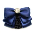 Dark blue satin hair bow clip with rhinestone center and hair net for women professional work. - Hair Flower / Ink Blue