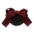 Burgundy velvet hair bow with black net bun cover, elegant professional hair clip for work. - Coarse Net Hair Net / Burgundy