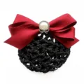 Wine red satin bow hair net with pearl embellishment, elegant professional bun cover accessory. - Hair Flower / Red