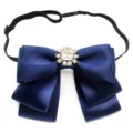 Elegant navy blue satin bow tie with crystal center and adjustable elastic strap for women. - Bow Tie / Ink Blue