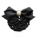 Black hair net bow hair clip with pearl accent, professional elegant hair accessory for women. - Hair Flower / Black