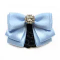 Blue satin bow hair net clip with rhinestone brooch, professional hair accessory 12x8cm. - Hair Flower / Sky Blue