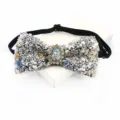 Close-up of sparkling rhinestone and crushed stone bow tie with a central oval gemstone. - White