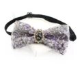 Detailed shot of sparkling gemstone and rhinestone bow tie with black elastic band, close up. - Purple