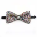 Gros plan du nœud papillon étincelant avec des cristaux colorés et une pierre centrale brillante. - Strass Multicolore