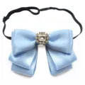 Light blue satin ribbon bow tie for women shirt collar accessory with sparkling rhinestone centerpiece - Bow Tie / Sky Blue