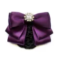 Purple satin bow hair net with sparkling crystal centerpiece, elegant hair accessory for women. - Hair Flower / Deep purple