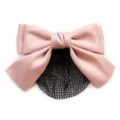 Pink satin bow hair net bun cover, professional nurse hair clip accessory for work. - Pink Fine Mesh
