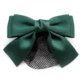 Dark green satin hair bow with mesh snood, professional bun cover hair clip for work. - Green Fine Mesh